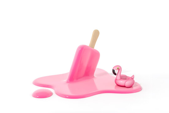 Pink Stick Ice Cream Melting With Pink Flamingo Float, Tropical Bird Shape Inflatable Swimming Pool Ring On White Background 3d Rendering. 3d Illustration Summer Minimal Concept.