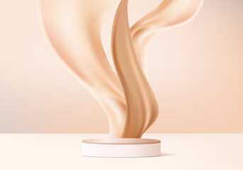 3d beige display product abstract minimal scene with liquid splash swirl on podium platform. dais fluid flow background vector render with podium. pedestal 3d beige for cosmetic products beauty.