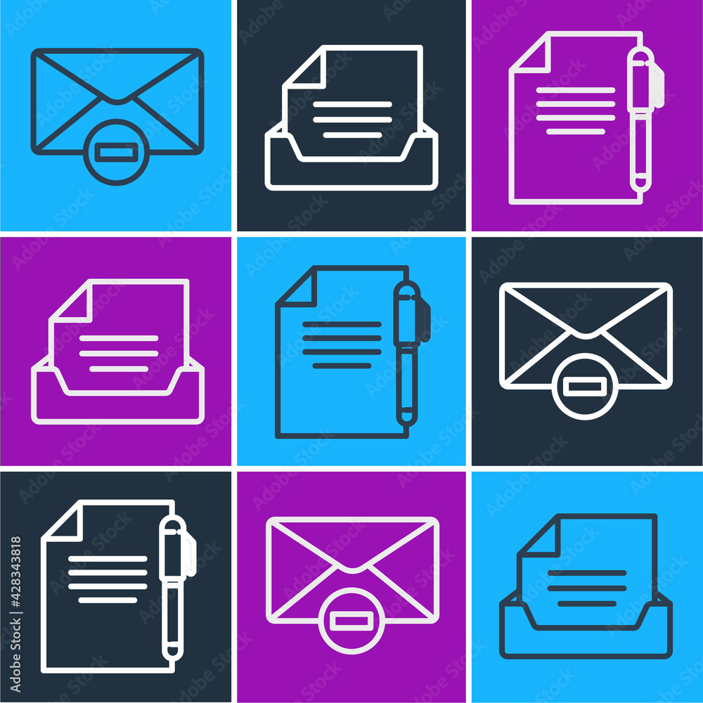 Aufkleber set line delete envelope, document and pen and drawer with document icon. vector