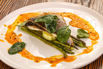Seabass fish fillet with asparagus