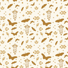 Background of golden butterflies with stars. A pattern with illustrations of fluttering insect wings. Starry background of magic moth wings. Vector illustration