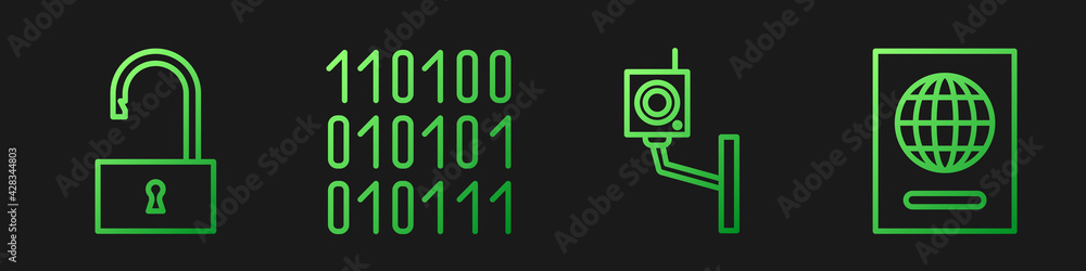 Aufkleber set line security camera, open padlock, binary code and passport. gradient color icons. vector