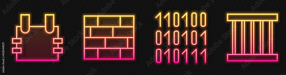 Poster set line binary code, bulletproof vest, bricks and prison window. glowing neon icon. vector