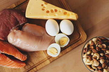 Tabletop shot of animal origin products rich in protein