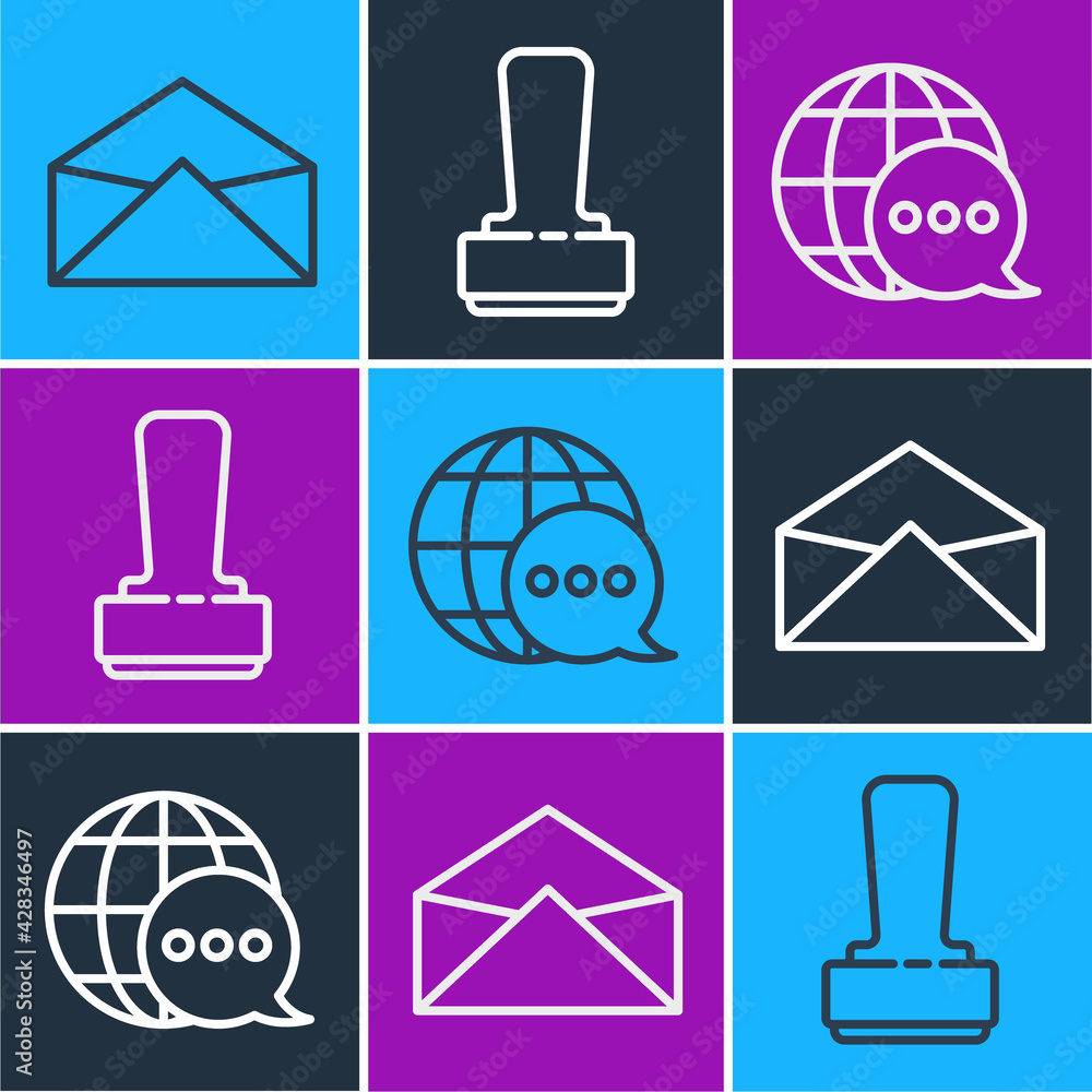 Poster set line envelope, world map made from speech bubble and stamp icon. vector