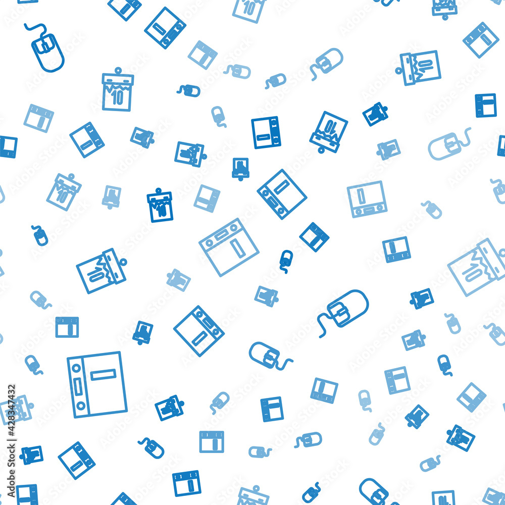 Poster set line office folders, computer mouse and calendar on seamless pattern. vector