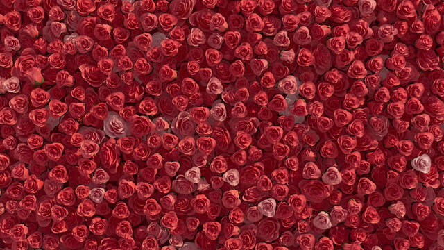 Bright, Pink Flower Blooms arranged in the shape of a wall. Elegant, Romantic, Roses composed to create a Colorful floral background. 3D Render