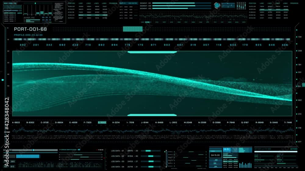 Aufkleber HUD Futuristic Green Fluid Plane Sine Wave Data Flow 4K Motion. Abstract Digital Wireframe UI Scanning Control Panel.
