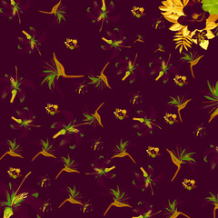Vintage Pattern Textile. Golden Tropical Textile. Violet Floral Hibiscus. Indigo Flora Leaf. Navy Decoration Exotic. Yellow Wallpaper Background. Spring Illustration.