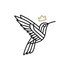 humming bird king crown monoline outline logo vector icon illustration