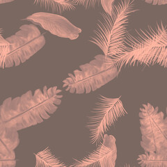 Fototapeta na wymiar Pink Tropical Hibiscus. Gray Seamless Leaf. Coral Pattern Background. Black Banana Leaves. Decoration Design. Drawing Leaf. Isolated Exotic. Watercolor Texture.