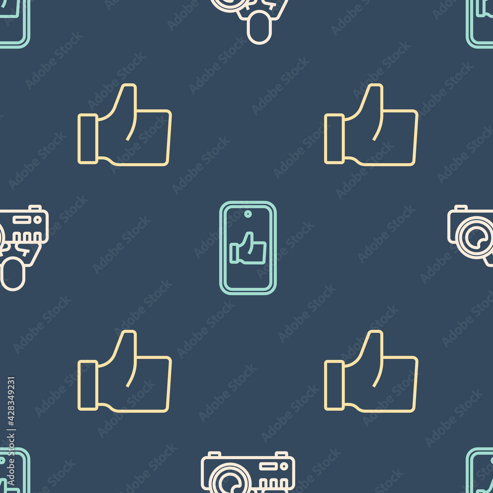 Poster set line media projector, hand like and on seamless pattern. vector