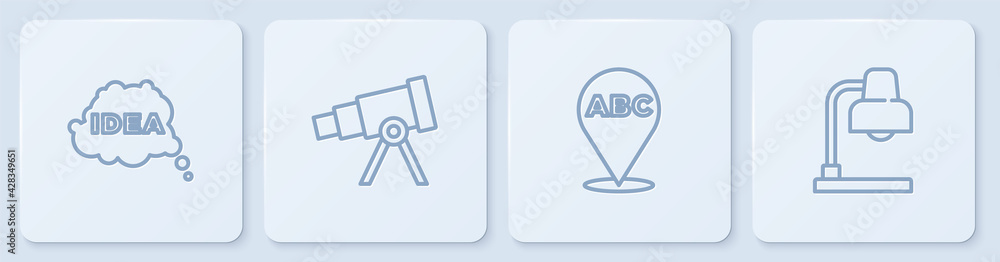 Poster set line idea, speech bubble, alphabet, telescope and table lamp. white square button. vector