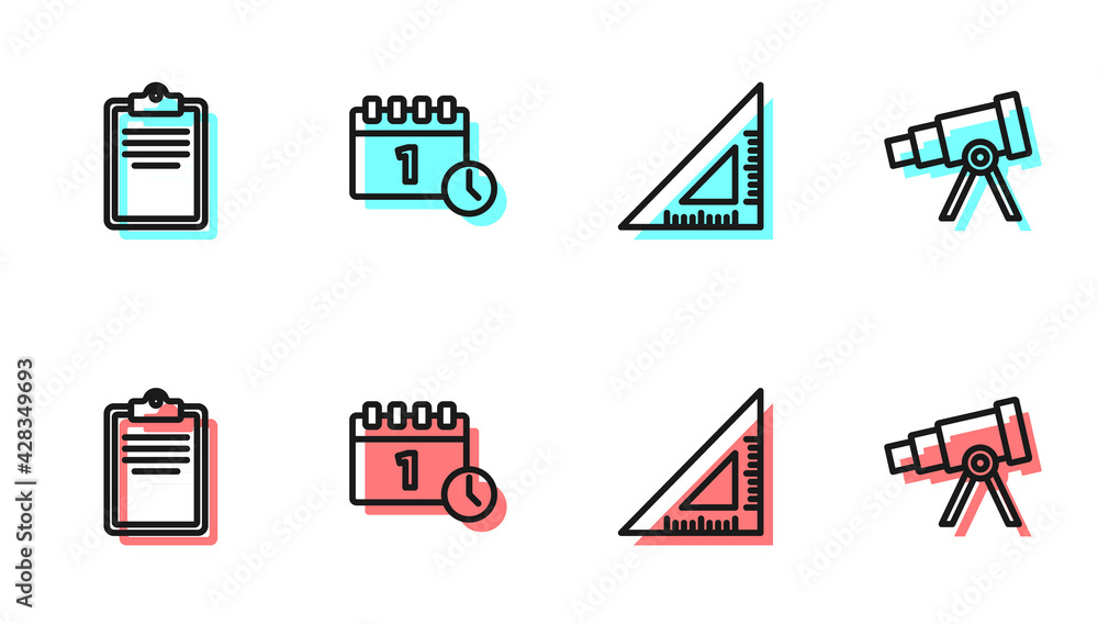 Poster set line triangular ruler, clipboard with checklist, calendar first september date and telescope ico