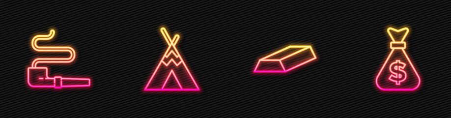 Set line Gold bars, Smoking pipe, Indian teepee or wigwam and Money bag. Glowing neon icon. Vector © Vadim