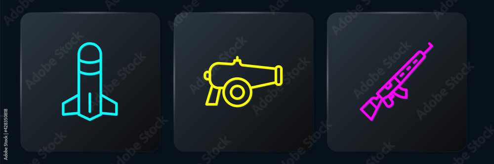 Poster set line rocket, sniper rifle with scope and cannon. black square button. vector