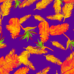 Naklejka na ściany i meble Golden Pattern Textile. Violet Tropical Leaf. Navy Floral Textile. Cobalt Flora Painting. Indigo Decoration Background. Yellow Isolated Leaf. Blue Spring Leaves.