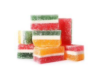 Pile of fruit jelly candies on white background