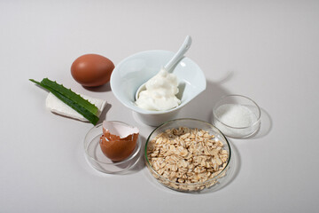 Egg White Face Mask ingredients. Whipped egg white, aloe, sugar, oatmeal.