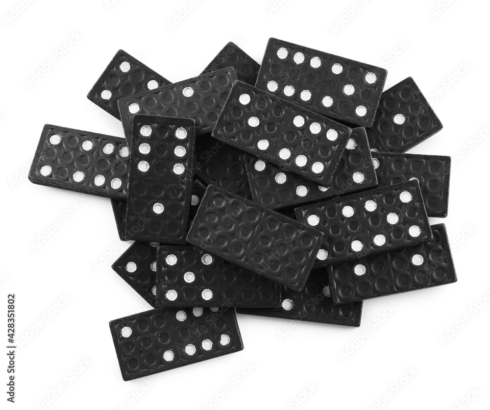 Poster Pile of black domino tiles on white background, top view