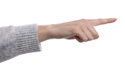 Woman pointing with index finger on white background, closeup