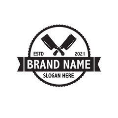 Butchery Shop Logo Design Template. Cow and meat cleaver knife vector design.