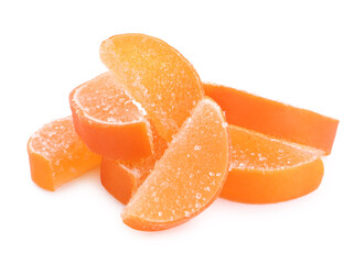 Fototapeta na wymiar Sweet orange jelly candies on white background