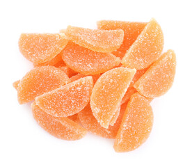 Sweet orange jelly candies on white background, top view