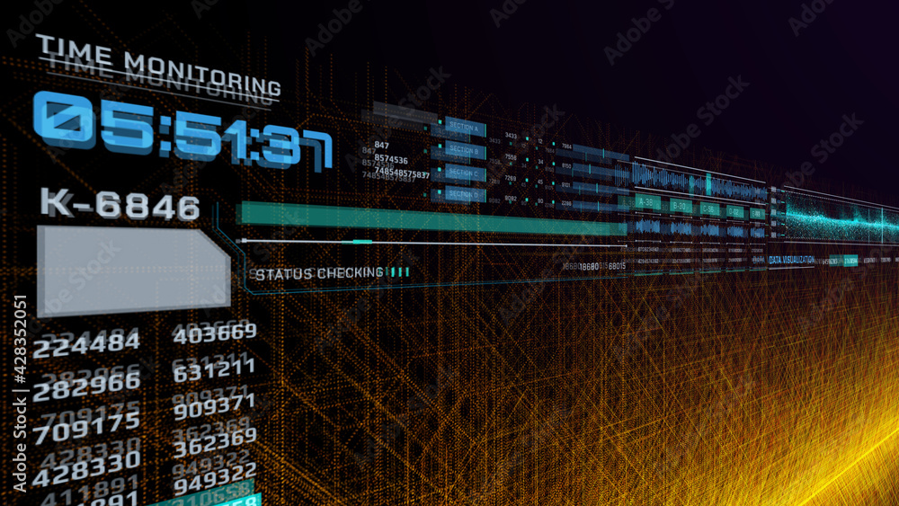 Poster hud technology futuristic panel orange science data transfer communication perspective view illustra