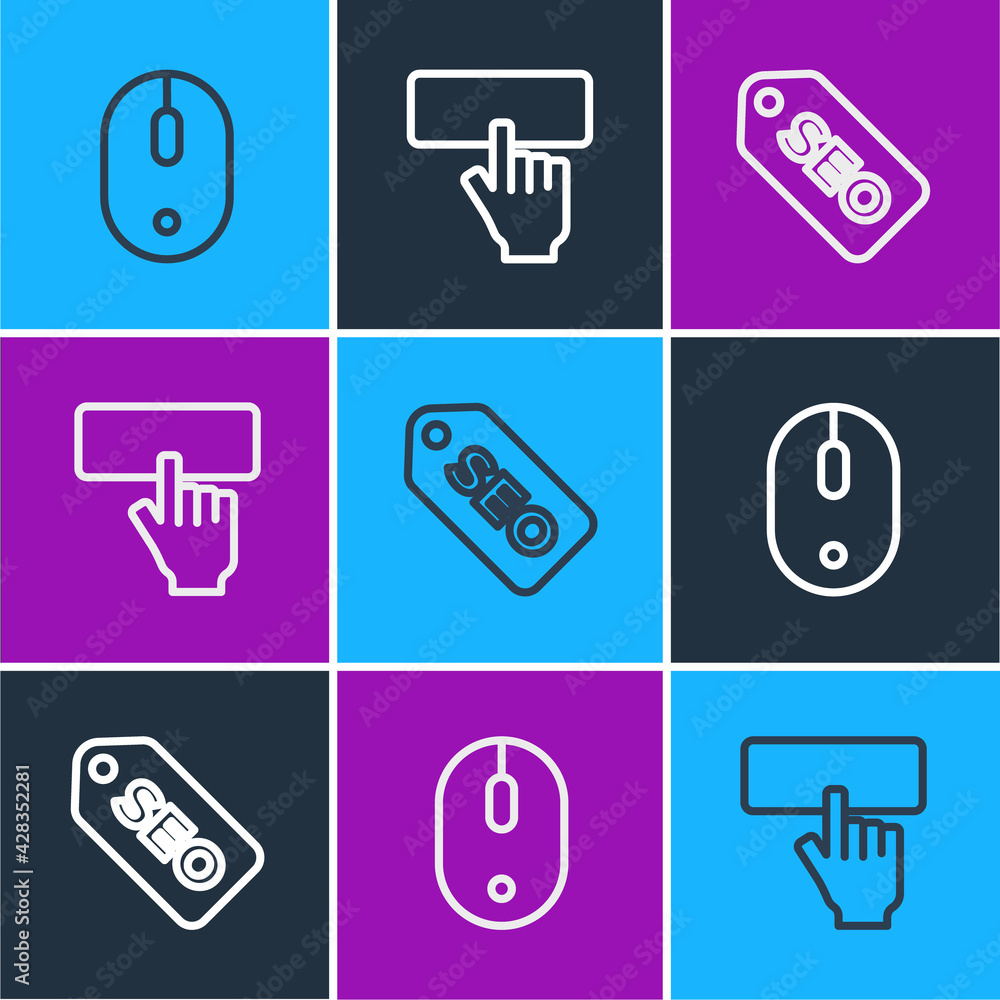 Poster set line computer mouse, seo optimization and keyboard icon. vector