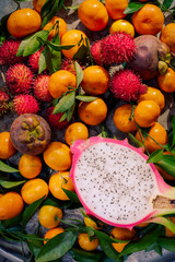 Healthy tropical fruit and ingredients from top view
