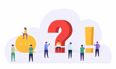 People standing near a question and exclamation mark ask  questions, looking answers around big question mark, online communication. Concept  online support, information search.
