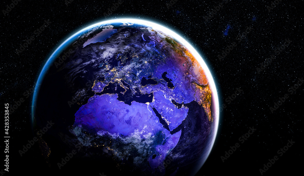 Poster planet earth globe view from space showing realistic earth surface and world map as in outer space p