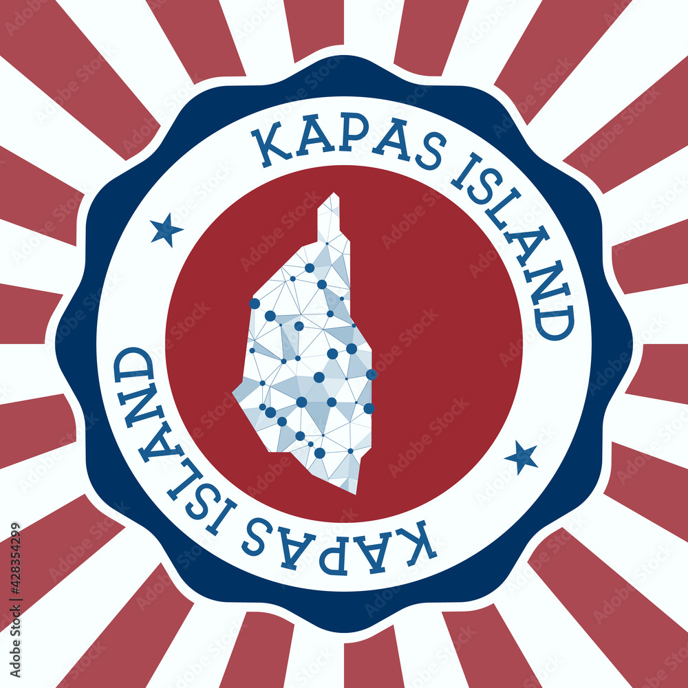 Poster kapas island badge. round logo of island with triangular mesh map and radial rays. eps10 vector.