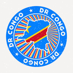 DR Congo round stamp. Logo of country with flag. Vintage badge with circular text and stars, vector illustration.