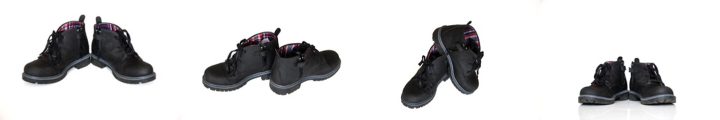 A series of black autumn boots with laces for boys in different angles of view