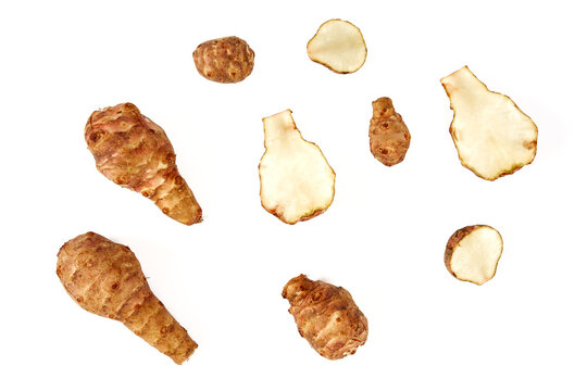 Jerusalem artichoke (topinambur) isolated on white background. Healhty food.