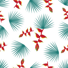 Fototapeta na wymiar Seamless pattern of tropical plants, flowers and leaves. Vector illustration