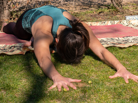 Brunette woman doing yoga class in a park on a sunny day