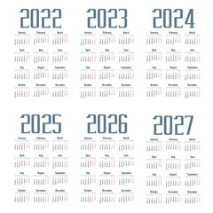 Simple english calendar 2022 - 2027 on white background. Vector illustration