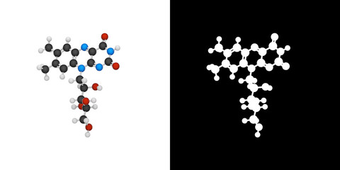 Vitamin B2(Riboflavin). Also known as Vitamin G, vactochrome, lactoflavin. Formula: C17H20N4O6. 3D illustration. Chemical structure model: Ball and Stick. RGB + Alpha(Transparent) channel.