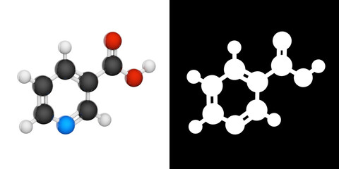 Vitamin B3(Nicotinamide). Also known as nicotinic acid. 3D illustration. Chemical structure model: Ball and Stick. RGB + Alpha(Transparent) channel.