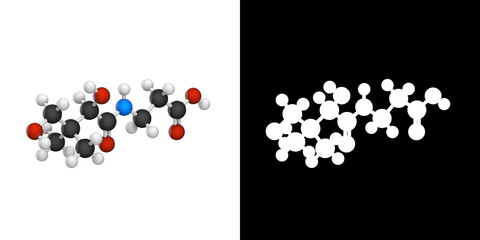 Molecular structure of Vitamin B5(Pantothenic acid). Also known as pantothenate. 3D illustration. Chemical structure model: Ball and Stick. RGB + Alpha(Transparent) channel.