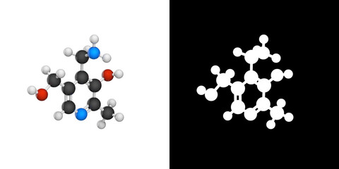 Molecular structure of Vitamin B6 (Pyridoxamine). 3D illustration. Chemical structure model: Ball and Stick. RGB + Alpha(Transparent) channel.