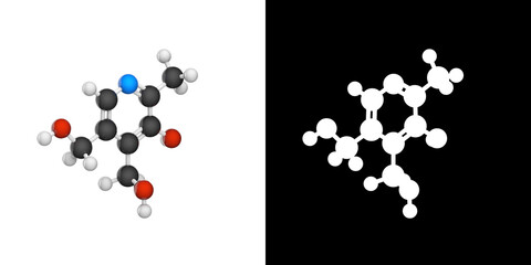 Molecular structure of Vitamin B6(Pyridoxine). Also known as Pyridoxol. 3D illustration. Chemical structure model: Ball and Stick. RGB + Alpha(Transparent) channel.