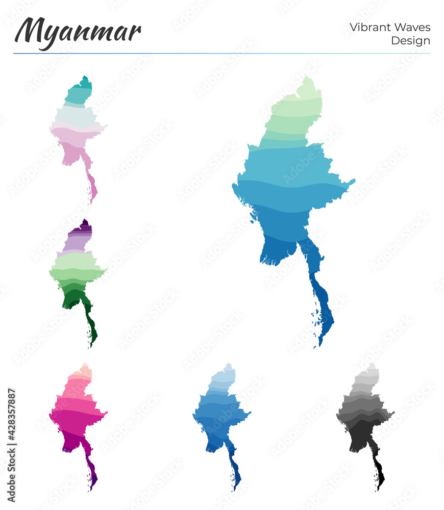 Poster set of vector maps of myanmar. vibrant waves design. bright map of country in geometric smooth curve