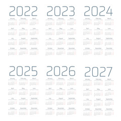 Simple english calendar 2022 - 2027 on white background. Vector illustration