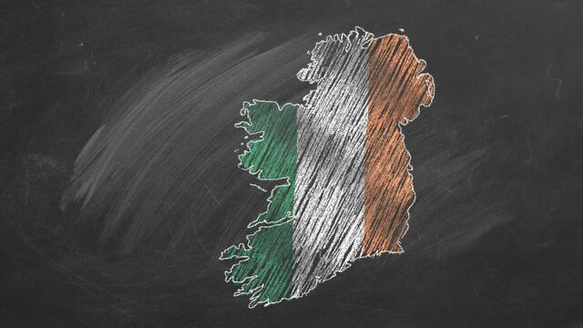 Country map and flag of Ireland drawing with chalk on a blackboard. 4K hand drawn animation. One of a large series of maps and flags of different countries. Education, travel, study abroad concept.