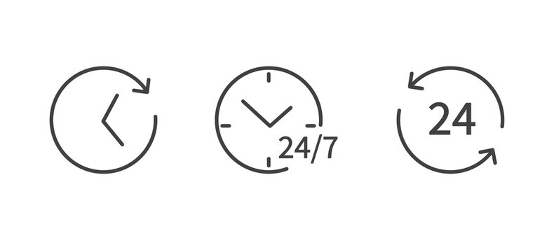 Set of Time and clock line icons isolated on white background. 24-7 service icon. Flat design. Vector illustration.