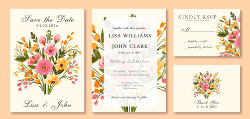 Watercolor Wedding Invitation Floral Bouquet Spring Pink and Yellow 
